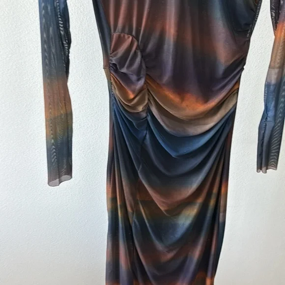 BodyCon Dress L Ruched Ombre Sunset Sheer Sleeves Y2K Dark Fairy Ethereal Grunge - Picture 8 of 15